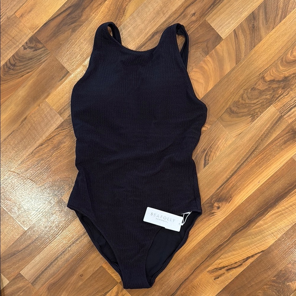 Seafolly textured black‎ swimsuit lace up shelf bra classic 10 bathing suit